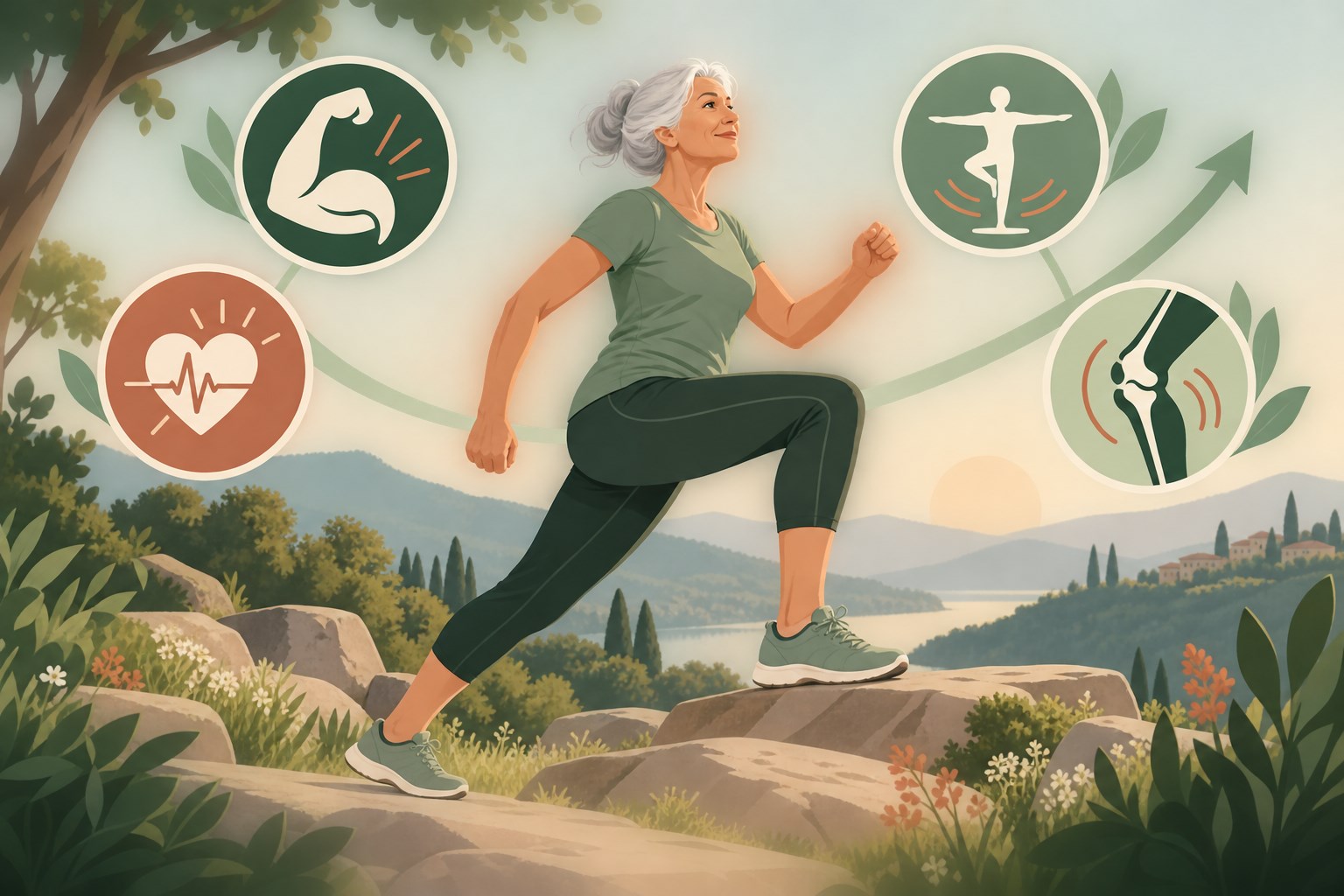 Illustration du rôle de la force, de l’endurance, de l’équilibre et de la mobilité dans le vieillissement actif